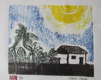 Tropical Okinawa Jungle Village hut house carved woodblock print woodcut Japanese Moku Hanga signed Clark