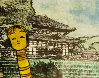 original hand carved woodblock print Moku Hanga Kokeshi Selfie at Todaiji Daibutsu-den Temple Japan signed Clark