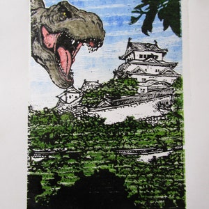 Kaiju Himeji Castle Godzilla dinosaur T-Rex monster night shadow hand carved woodblock print Japanese washi paper signed Clark