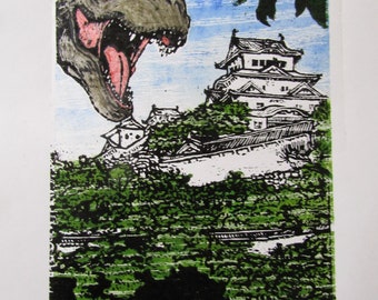 Kaiju Himeji Castle Dinosaur T-rex Monster Hand Carved Woodcut