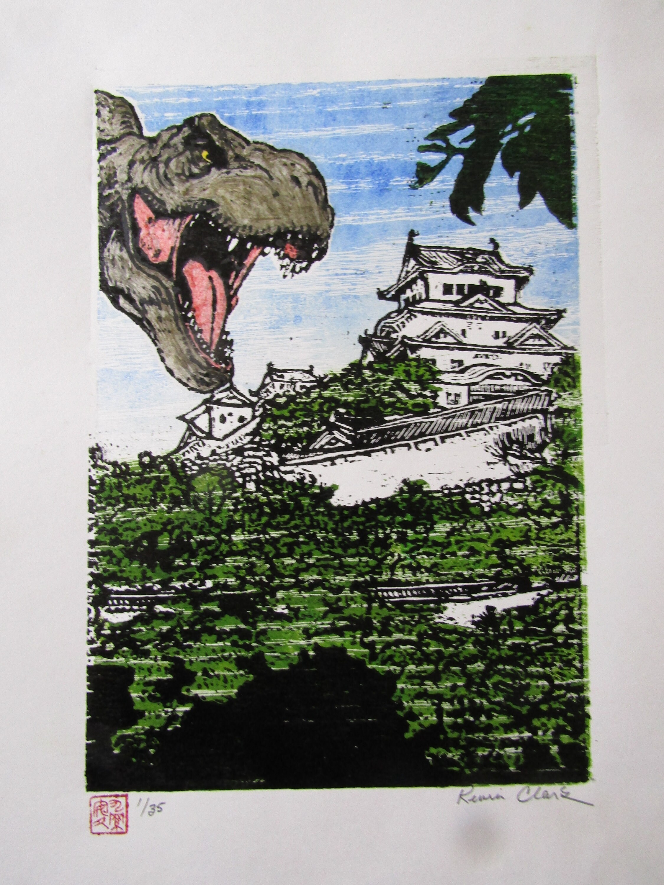 Kaiju Himeji Castle Dinosaur T-rex Monster Hand Carved Woodcut