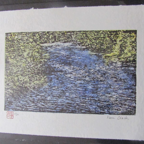 Forest River stream creek Landscape woodcut woodblock print Banhua Japanese Moku Hanga signed