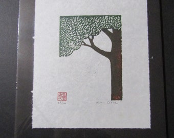 Single Oak Tree original hand carved woodblock print Moku Hanga Japanese washi paper signed Kevin Clark