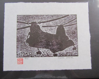 Helicopter Chinook Night Frog 46 47 hand carved woodcut woodblock print Japanese moku hanga washi paper signed Kevin Clark