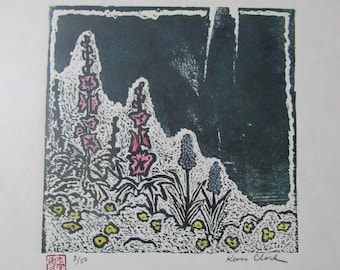 Aoi Hollyhock Garden Flowers original modern hand carved woodcut woodblock print Sosaku Moku Hanga Japanese washi paper signed Clark