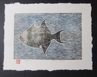 Ocean Sea Trigger Fish Kawahagi Hand Carved Woodcut Woodblock