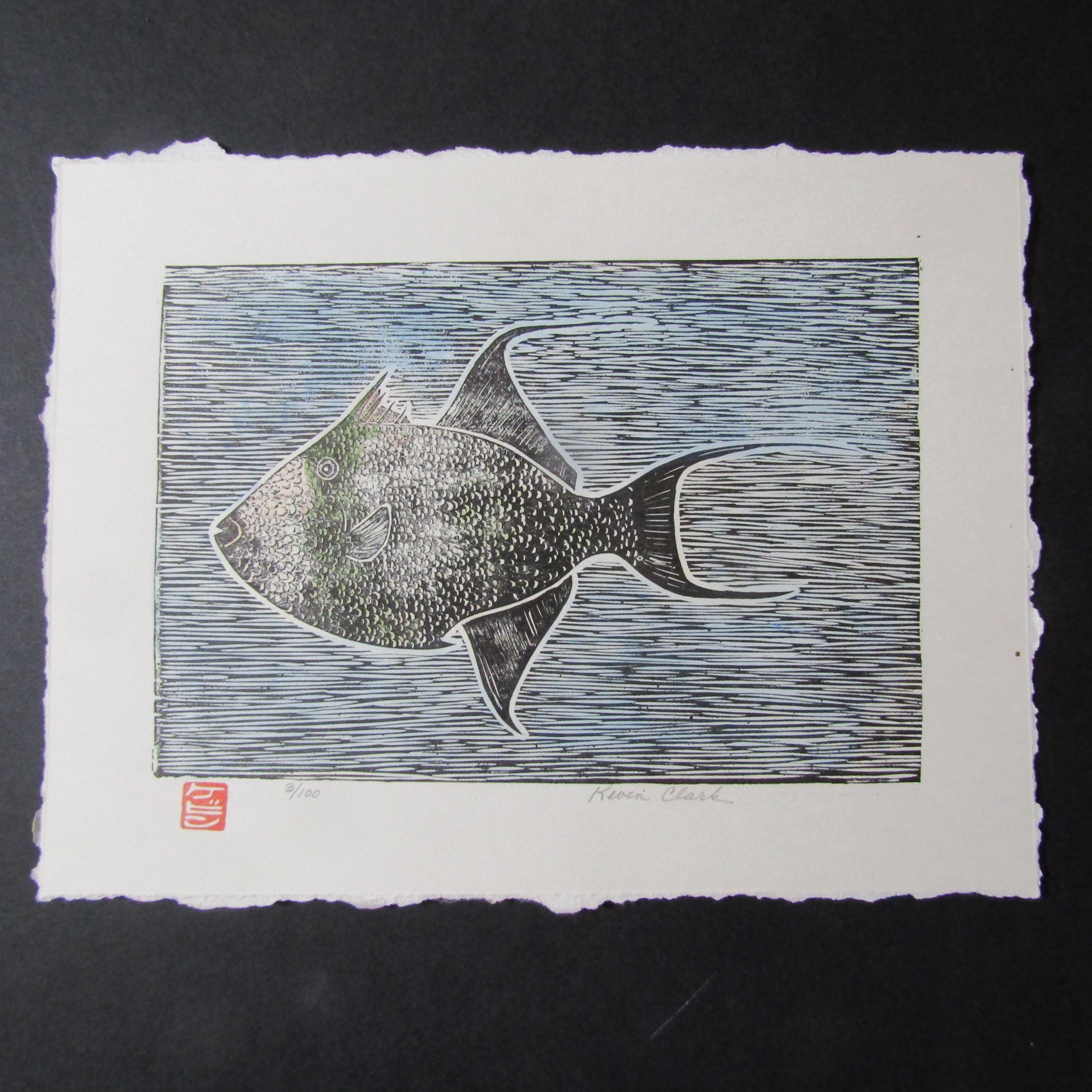 Ocean Sea Trigger Fish Kawahagi Hand Carved Woodcut Woodblock