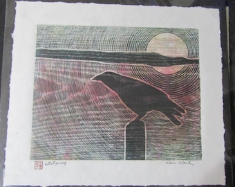 Desert Crow Raven Sunset Karasu hand carved woodcut woodblock print Japanese moku hanga washi paper signed Kevin Clark