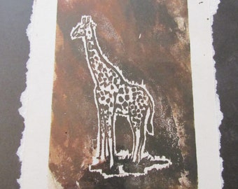 ヴィンテージ アフリカのキリン 手彫り 木版画 木版 手刷り オリジナル