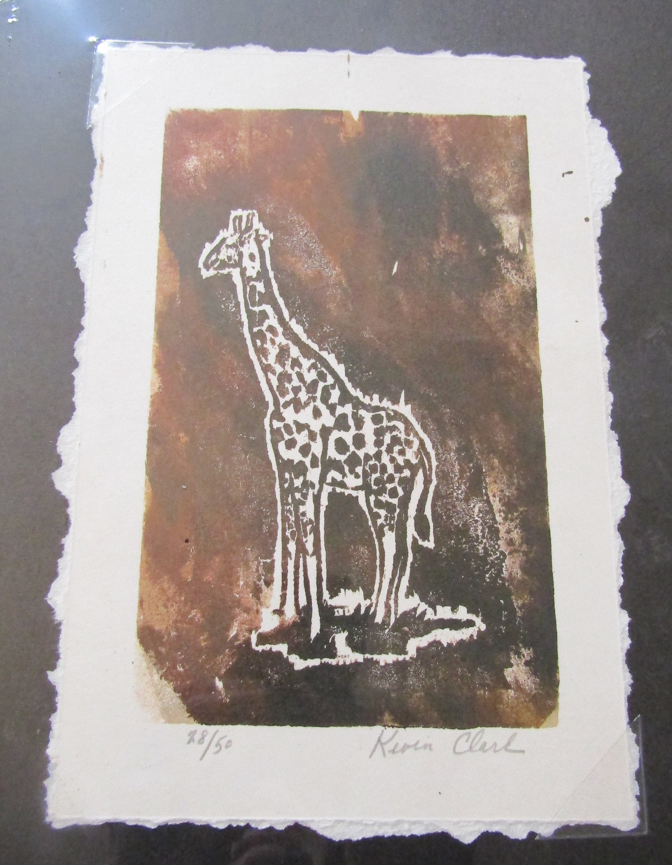 ヴィンテージ アフリカのキリン 手彫り 木版画 木版 手刷り オリジナル