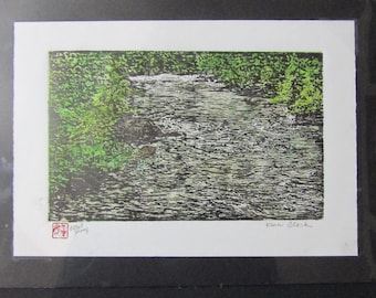 Forest River stream creek Landscape woodcut woodblock print grabado Japanese Moku Hanga signed Clark