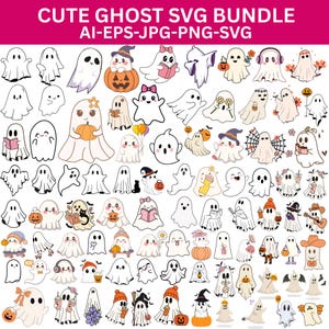 May include: A digital collection of cute ghost illustrations featuring various poses and accessories like pumpkins, books, hats, and flowers. The text at the top reads CUTE GHOST SVG BUNDLE AI-EPS-JPG-PNG-SVG. The ghosts are white with black outlines.