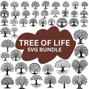 May include: A collection of black and white tree illustrations in various styles. The image includes the text "TREE OF LIFE SVG BUNDLE" in white letters on a brown background.