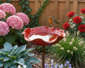 Estaca de jardín para bebedero de pájaros con forma de flor, hecha a mano, cuenco de agua de metal para pájaros de exterior, estaca decorativa para bebedero de pájaros de patio y jardín.