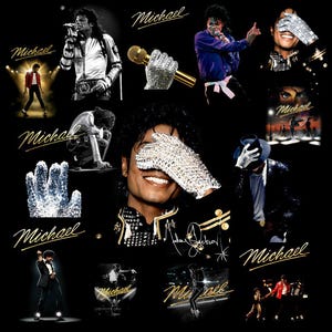 May include: A collage on a black background featuring multiple images of Michael Jackson. The images include performance shots, close-ups, and iconic poses. The name "Michael" is written in gold script across the images. The overall theme is a tribute to the artist.