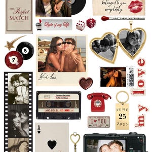 May include: A collection of romantic memorabilia featuring photographs, a cassette tape, a camera, a heart-shaped locket, and playing cards. Text includes phrases such as "The Perfect Match" and "I love you."
