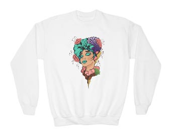 Floral Portrait Youth Crewneck Sweatshirt | colorful girl face art, back 'joyful' script