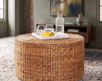 Wicker Round Coffee Table, Natural Fiber Handwoven Accent Table, Fully Assembled Boho Coastal Living Room Furniture