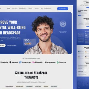Könnte beinhalten: Webdesign für HeadSpace, das psychisches Wohlbefinden und Online-Therapie bewirbt. Das Design zeigt einen lächelnden Mann und den Text "Improve Your Mental Well-Being With HeadSpace". Die Website verwendet ein blaues und weißes Farbschema.