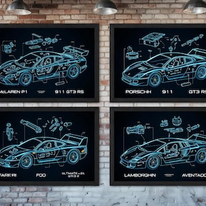 May include: Four framed prints featuring neon blue car blueprints against a black background. The prints showcase McLaren P1, Porsche 911 GT3 RS, Ferrari F40, and Lamborghini Aventador models. The prints are displayed on a brick wall.