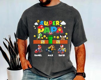 Gepersonaliseerde Super Papa retro gaming-T-shirt, gepersonaliseerd papa-T-shirt met kindernamen
