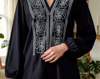 Geborduurde katoenen boho-top, damesblouse met bloemen, shirt met Bishop-mouw