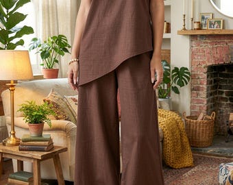 Katoenen losse blouse met wijde pijpen broekset, asymmetrische vleermuis casual loungewear