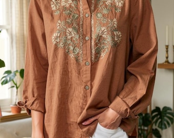 Geborduurde kantoorblouse dames, overhemd met bloemenknopen aan de voorkant, losvallende werktop met lange mouwen