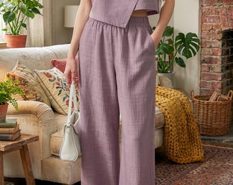 Mouwloze crop-top broekset met wijde pijpen, casual elegante polyester bijpassende outfit