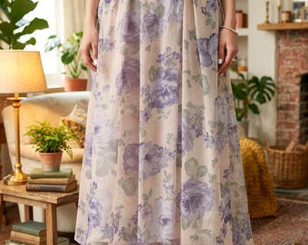 Roze midirok met bloemen, boho uitlopende chiffon zomerrok