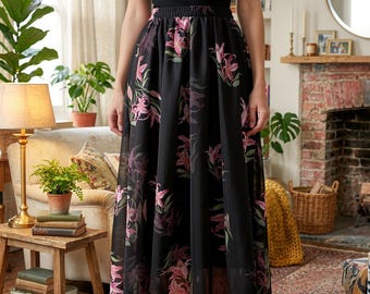 Zwarte midirok met bloemen, hoge taille A-lijn, boho-partystijl