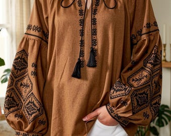 Dames geborduurde bohoblouse, losvallende top met lantaarnmouw, casual shirt in etnische stijl