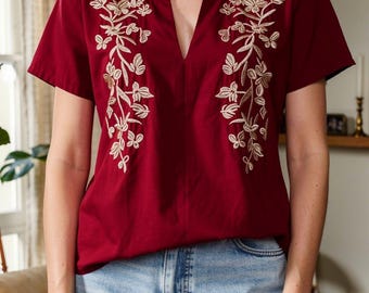 Geborduurde polyester boho-top, bloemenblouse dames met korte mouwen, 3 kleuren