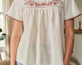 Dames geborduurde boho-top, abrikozenblouse met bloemen, casual zomershirt met korte mouw