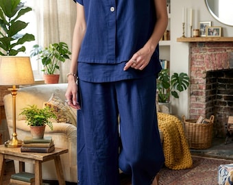 Blauwe linnenmix losse blouse wijde pijpen broekset, casual lounge-outfit
