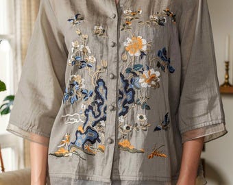 Boho geborduurde linnen blouse, ruimvallend zomershirt, boho-top met korte mouwen