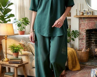 Casual damesset van getextureerd katoen, losse blouse, broekoutfit wijde pijpen
