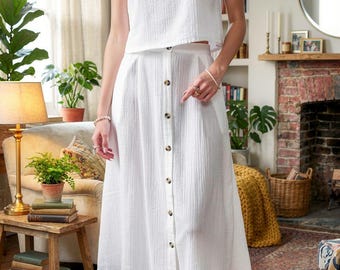 Tweedelige set maxi-rok met knopen voor dames, mouwloze crop-topoutfit