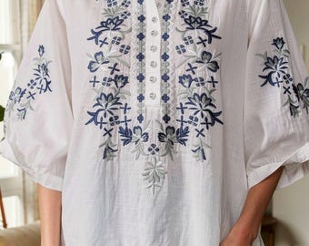 Geborduurde linnen bohotop, losse bloemenblouse dames