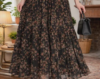 Gebloemde chiffon maxi-rok, hoge taille geplooide boho-zomerjurk