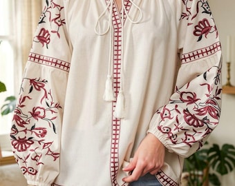 Boho Embroidered Blouse, Vintage Ethnic Top, Loose Fit Puff Sleeve Shirt