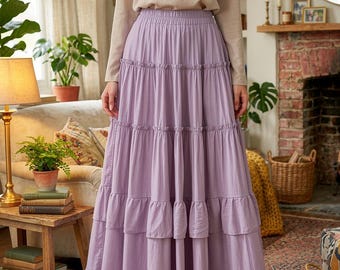 Gelaagde maxirok, boho-a-lijn, elastische taille, zwierige rok in zomerstijl