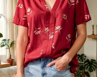 Geborduurde damesblouse, casual zomertop met v-hals, los shirt met korte mouwen voor dagelijks gebruik