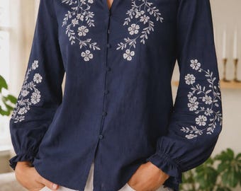 Geborduurde katoenen blouse dames, boho-shirt met lange mouwen, casual top met knoopsluiting aan de voorkant