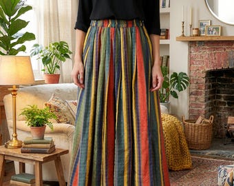 Gestreepte midirok boho, a-lijn katoenlinnen, elastische taille zomer casual