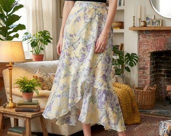 Gebloemde midi-wikkelrok van chiffon, boho-zomerrok met ruches