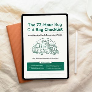 May include: A digital tablet displaying The 72-Hour Bug Out Bag Checklist, Your Complete Family Preparedness Guide. The screen features a line-art illustration of emergency supplies, a What's Inside section, and the website thereadyhome.etsy.com.