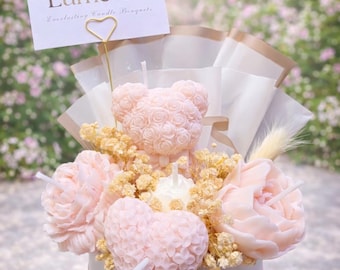 Heart and Bear Candle Arrangement: Romantic Floral Centerpiece, Feminine Home Décor