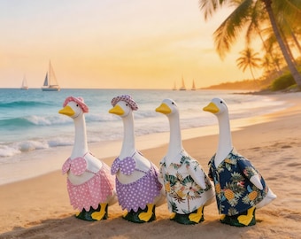 Strój gęsi na werandzie, ozdoba ogrodowa w kształcie gęsi z motywem wakacji, różowo-fioletowa sukienka w kropki + koszula w tropikalne kwiaty, strój w stylu wakacyjnym