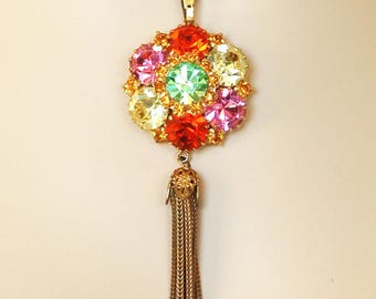Weiss Gold Colorful Stacked Rhinestone Tassel Pendant Necklace